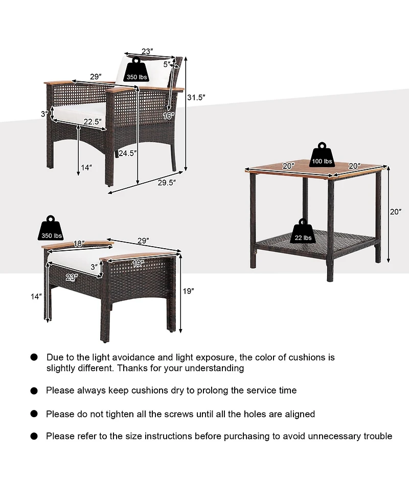 5 Pieces Patio Rattan Furniture Set with Acacia Wood Table