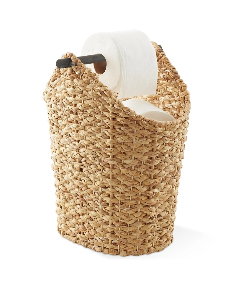 Casafield Toilet Paper Roll Holder Storage Basket with Wood Bar - Natural, Woven Water Hyacinth Wicker Bathroom Tissue Storage Organizer