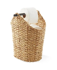 Casafield Toilet Paper Roll Holder Storage Basket with Wood Bar - Natural, Woven Water Hyacinth Wicker Bathroom Tissue Storage Organizer