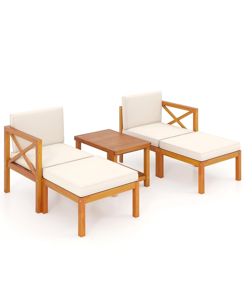 5 Pieces Acacia Wood Patio Lounge Chair Set with Ottomans and Cushions-White