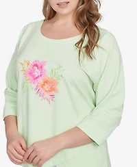 Hearts Of Palm Plus Hibiscus Print 3/4 Sleeve Top