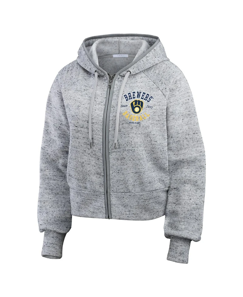 Wear by Erin Andrews Women's Heather Gray Milwaukee Brewers Speckled Fleece Cropped Full-Zip Hoodie