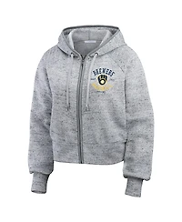Wear by Erin Andrews Women's Heather Gray Milwaukee Brewers Speckled Fleece Cropped Full-Zip Hoodie