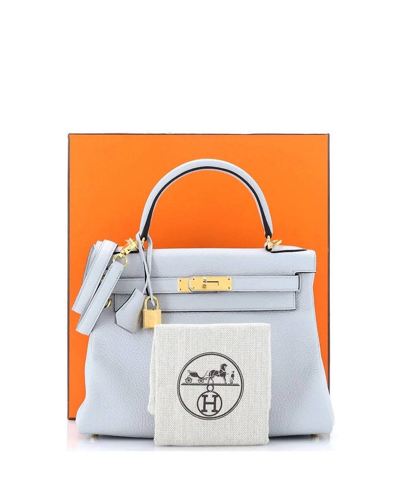 Pre-Owned HERMES Kelly 28 Handbag Blue Clemence with Gold Hardware