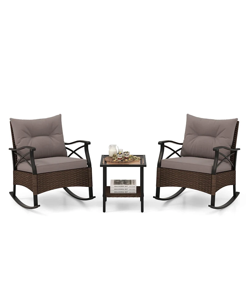 3 Pcs Patio Rocker Set with 2-Tier Coffee Table & Soft Seat Back Cushions Outdoor
