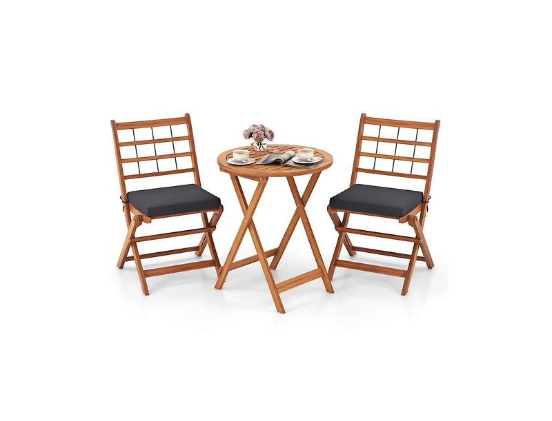3 Pieces Acacia Wood Patio Bistro Set with Cushions