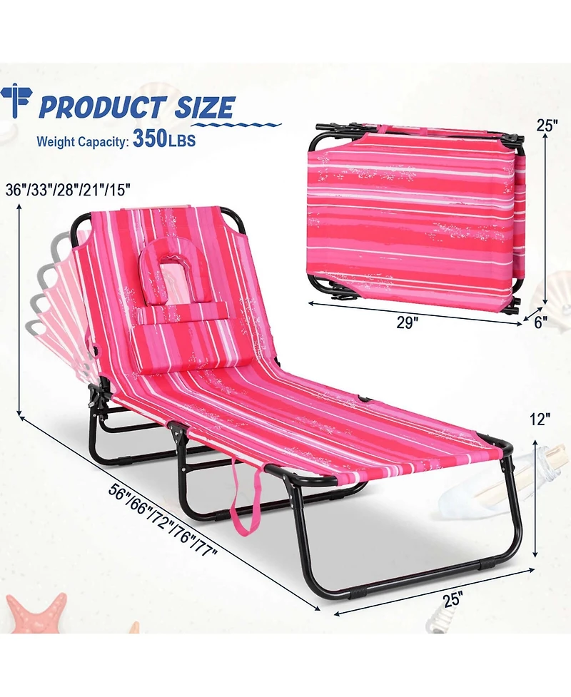 Beach Chaise Lounge Chair with Face Hole Pillows & 5-Position Adjustable Backrest