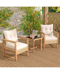 3 Pieces Patio Furniture Set with Acacia Wood Frame Cushions