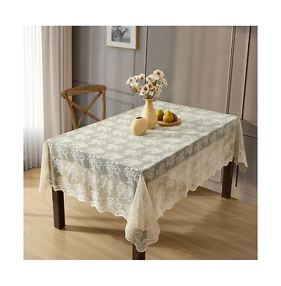 Hlc.me Jolene Floral Lace Fabric Tablecloth, Lace Fabric Table Cloth for Rectangle Tables, Wrinkle Resistant Tablecloth, Patterned Scalloped Tableclot