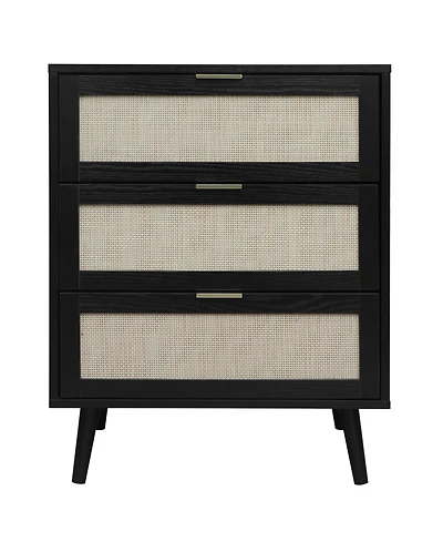 3 Drawer Storage Cabinet Rattan Dressers Chest of Drawers Entryway Cabinet Fluted Nightstand Bedside Table Dresser for Bedroom Living Room, Black