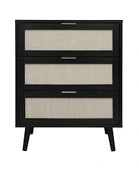 3 Drawer Storage Cabinet Rattan Dressers Chest of Drawers Entryway Cabinet Fluted Nightstand Bedside Table Dresser for Bedroom Living Room, Black