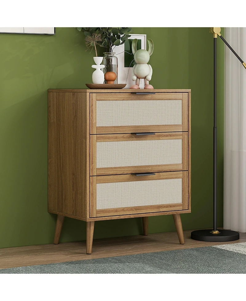 3 Drawer Storage Cabinet Rattan Dressers Chest of Drawers Entryway Cabinet Fluted Nightstand Bedside Table Dresser for Bedroom Living Room, Brown