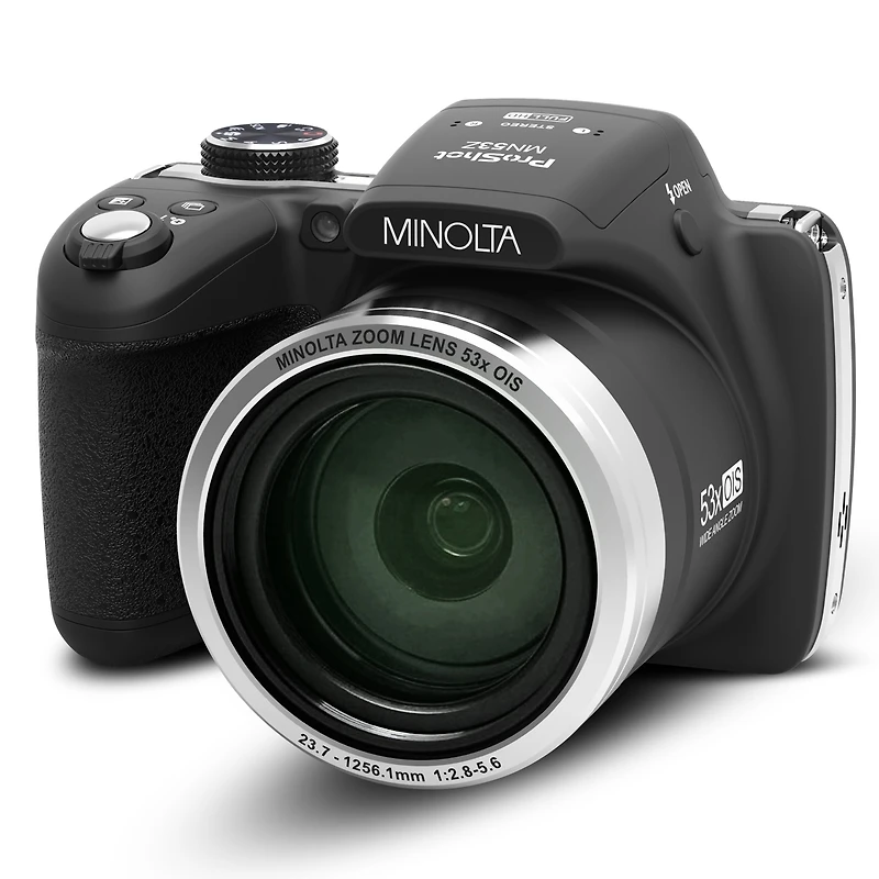 Minolta MN53Z 16MP Fhd Digital Camera with 53x Optical Zoom, Wi-Fi, Black Bundle with Shoulder Bag, Octopus Tripod, 32GB Sd Card, Reader, Card Case, C