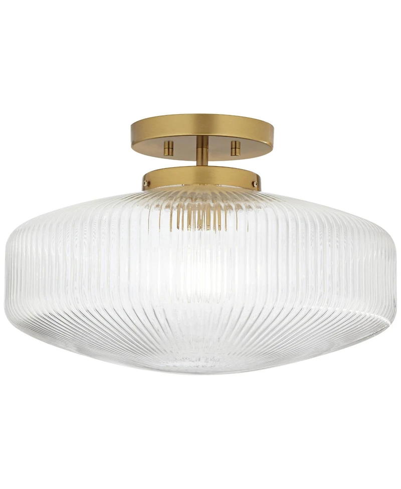 Possini Euro Design Brianna 16" Modern Semi Flush-Mount Ceiling Light Fixture Kitchen Foyer Round Warm Brass Finish Ribbed Glass