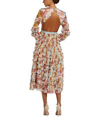 Mac Duggal Women's Long Sleeve Tiered Ruffle Cutout Criss Cross Dress