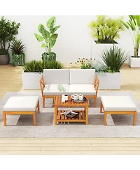 5 Pieces Acacia Wood Patio Chaise Lounge Chair Set with Ottoman and Cushions