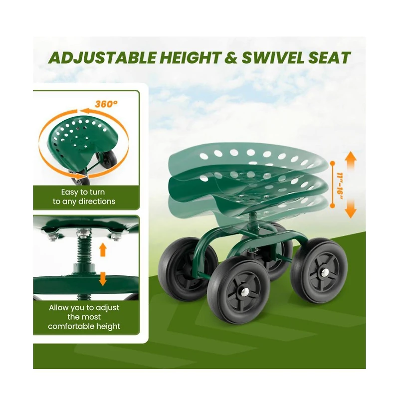 Garden Rolling Workseat with Swivel Seat and Adjustable Height Comfortable Mobile Tool for Outdoor Tasks