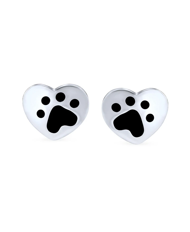 Bling Jewelry Black Enamel Heart Paw Print Stud Earrings Pet Lovers in Sterling Silver