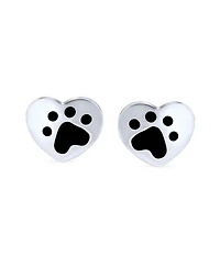 Bling Jewelry Black Enamel Heart Paw Print Stud Earrings Pet Lovers in Sterling Silver