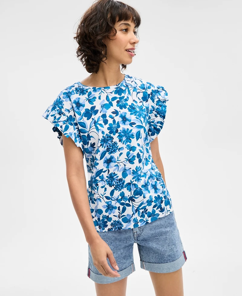 Nautica Jeans Women's Floral-Print Ruffle-Sleeve Top
