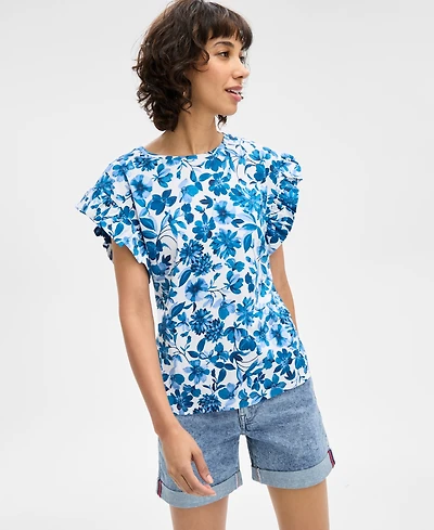 Nautica Jeans Women's Floral-Print Ruffle-Sleeve Top