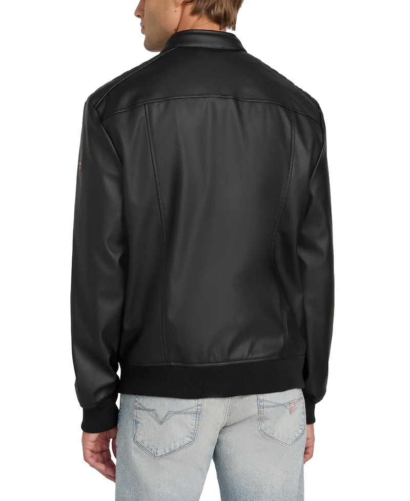 Guess Men's Stretch Faux Leather Snap Collar Moto Jacket