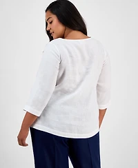 Charter Club Plus Corded Embroidered Linen Top, Exclusively at Macy's