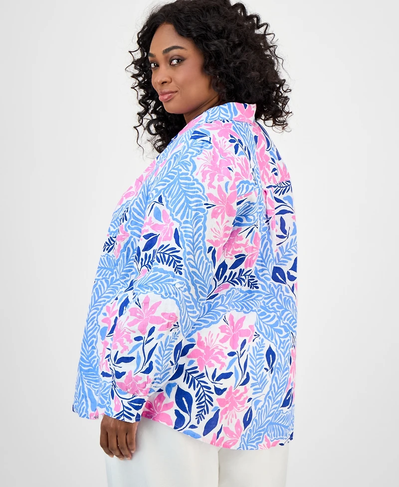 Charter Club Plus Size Printed Floral Linen Shirt, Exclusively at Macy's