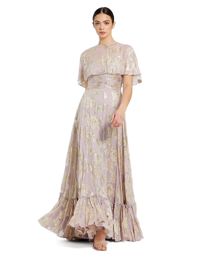 Mac Duggal Women's Floral Print High Neck Cape Sleeve A Line Gown