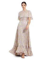 Mac Duggal Women's Floral Print High Neck Cape Sleeve A Line Gown