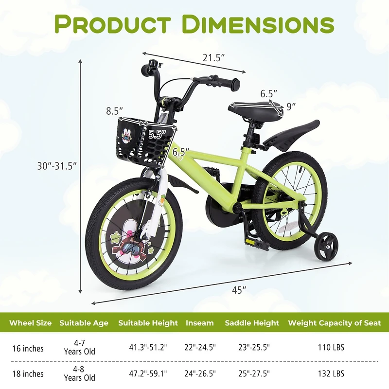Kids Adjustable Bike with Detachable Training Wheels Safe Fun Bicycle for Ages 4-8 Years Old