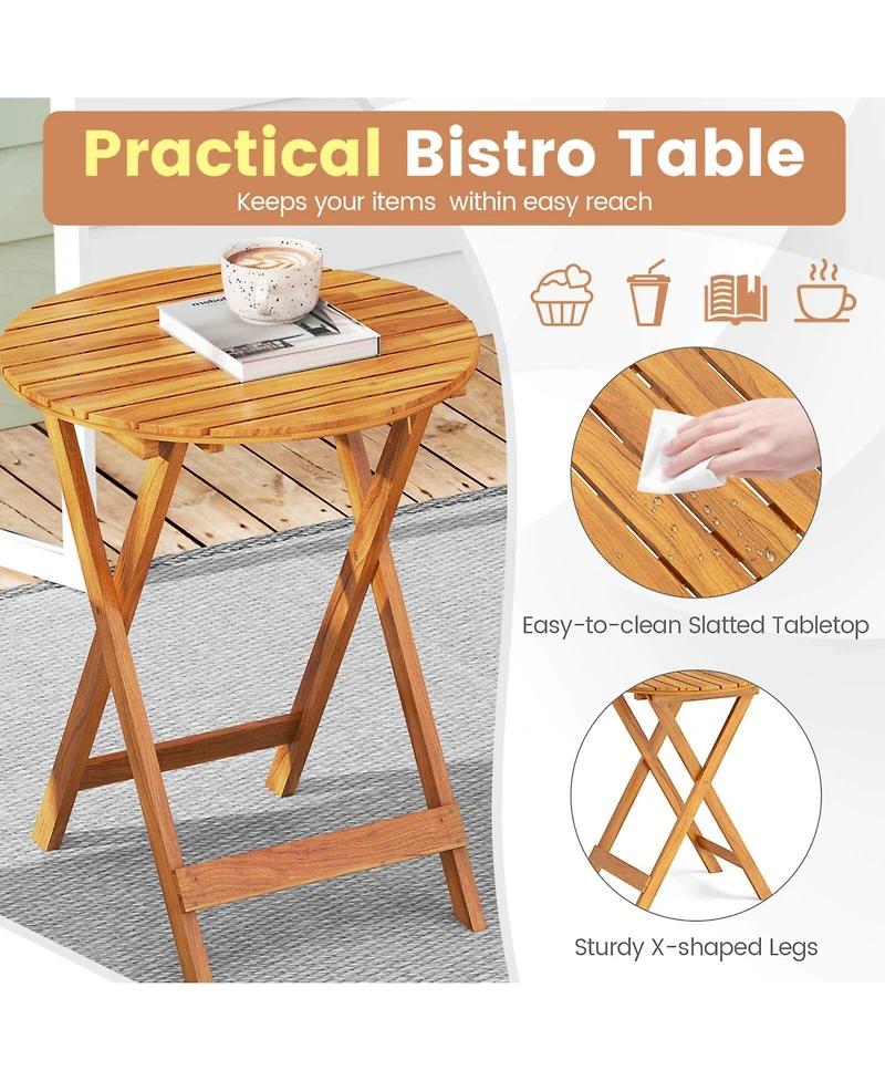 3 Pcs Acacia Wood Patio Bistro Set Folding Table & Chairs with Cushions