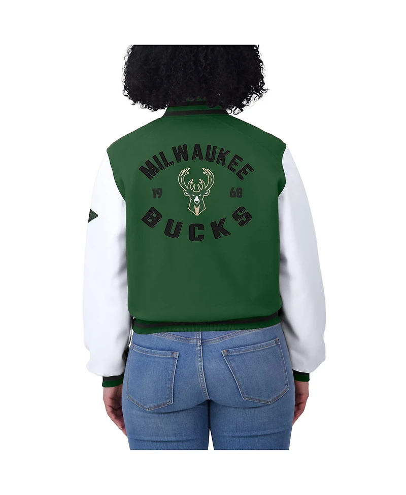Wear by Erin Andrews Women's Hunter Green/White Milwaukee Bucks Cropped Varsity Full-Zip Jacket