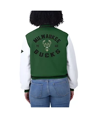 Wear by Erin Andrews Women's Hunter Green/White Milwaukee Bucks Cropped Varsity Full-Zip Jacket
