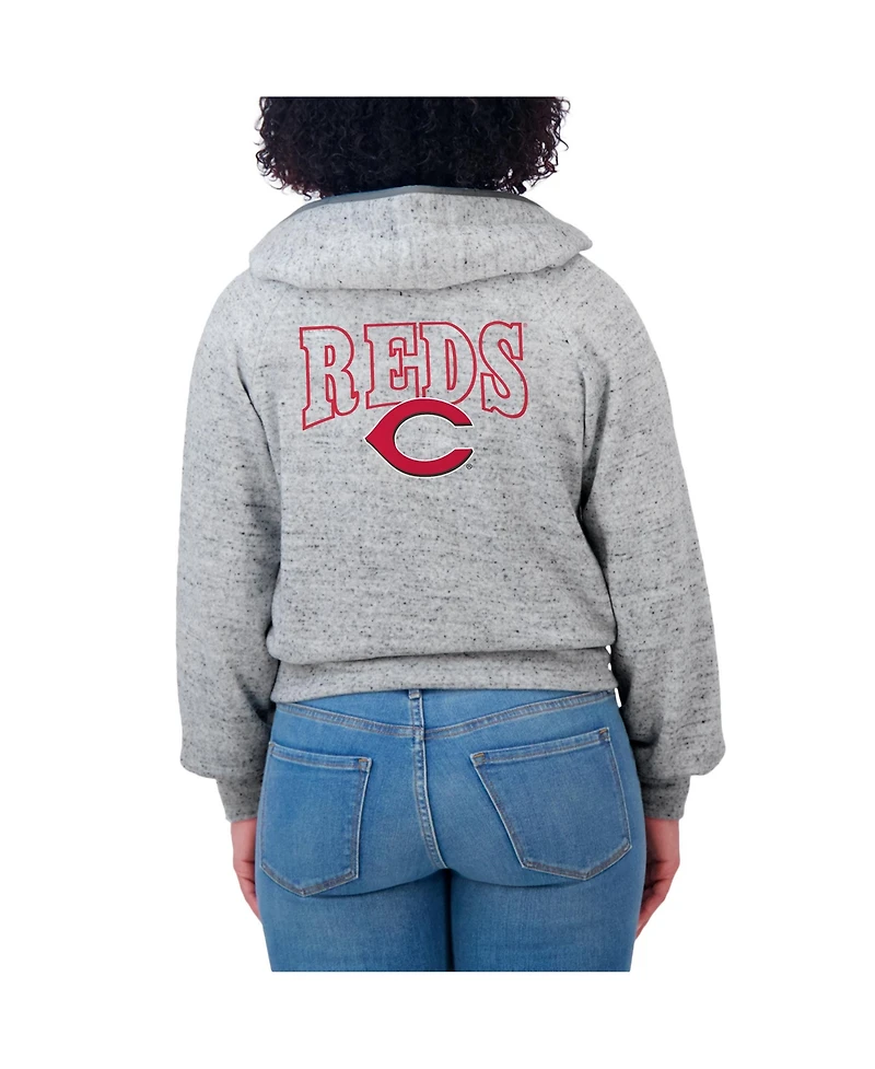 Wear by Erin Andrews Women's Heather Gray Cincinnati Reds Speckled Fleece Cropped Full-Zip Hoodie