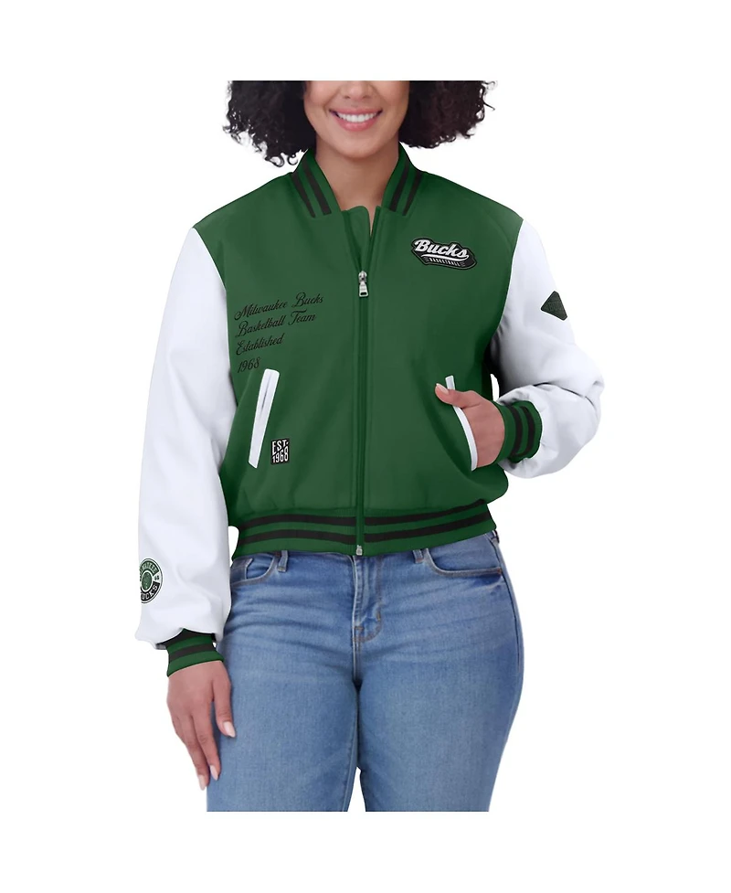 Wear by Erin Andrews Women's Hunter Green/White Milwaukee Bucks Cropped Varsity Full-Zip Jacket