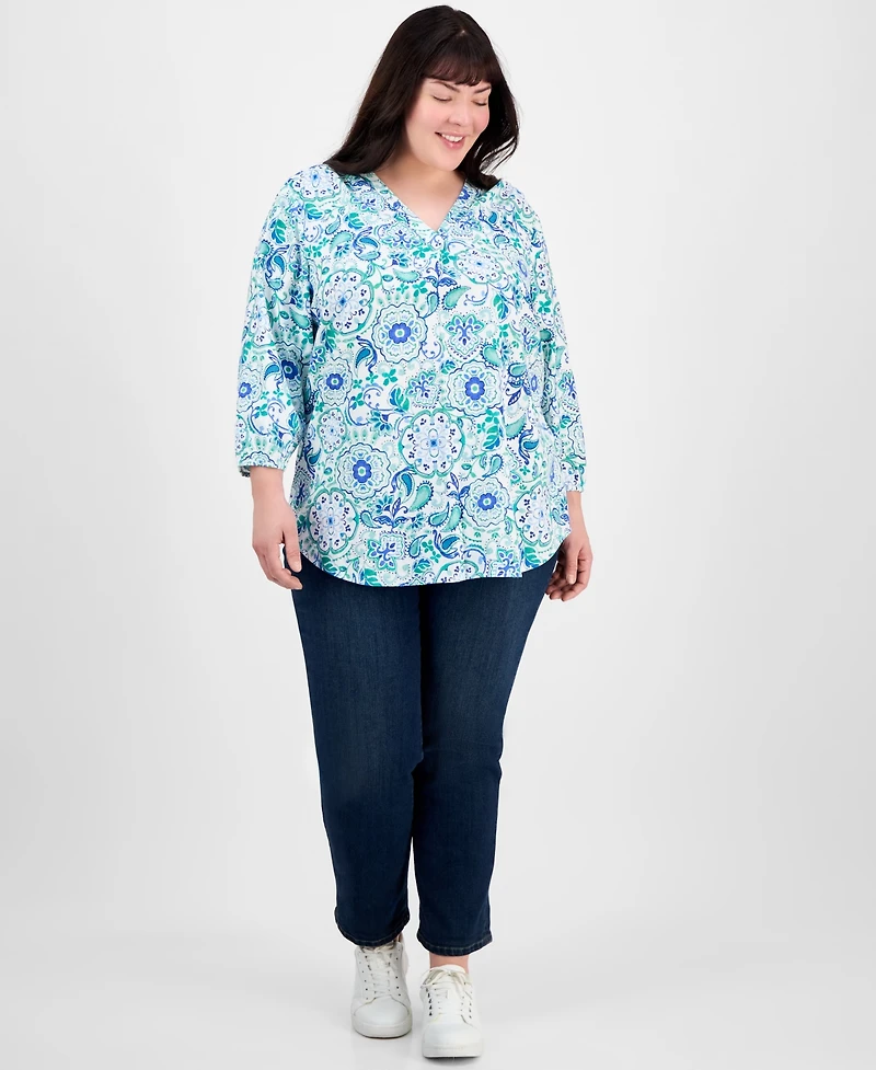 Jones New York Plus Floral-Print Linen-Blend Tunic