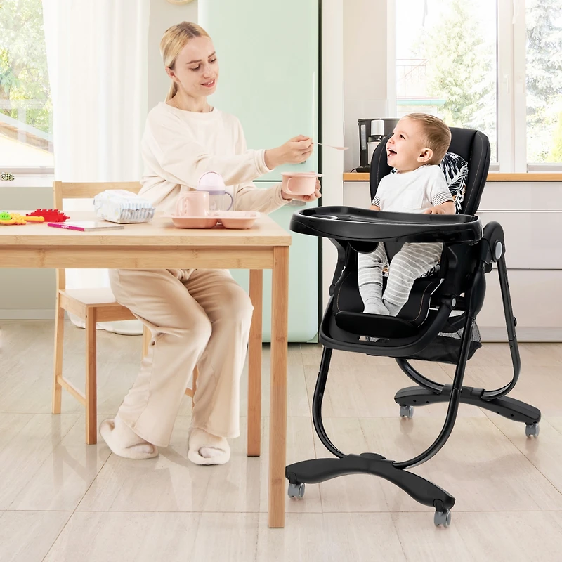 Multifunctional Folding Baby High Chair with Rolling Wheels and Adjustable Height