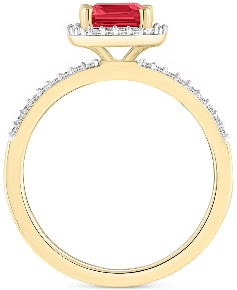 Lab-Created Ruby (2 ct. t.w.) & White Sapphire (1/4 Emerald-Cut Halo Ring 10k Gold (Also Additional Gemstones)