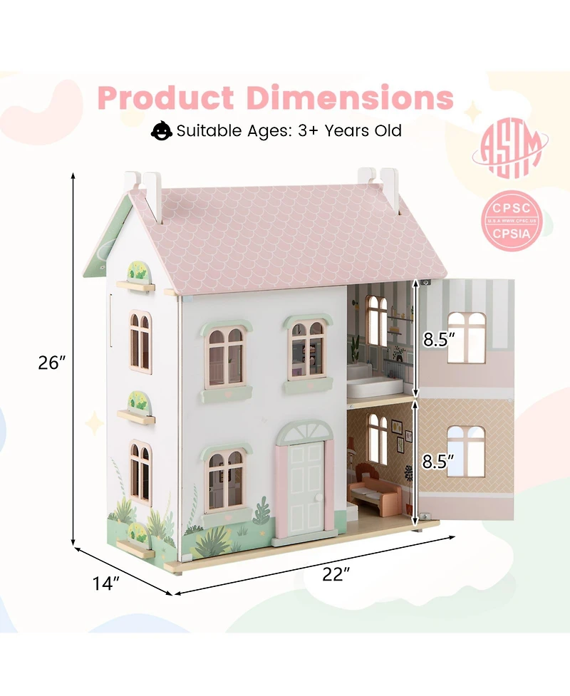 Kids 3-Level Dollhouse with Double-Sided Roofs & Doors Interactive Playset for Kids