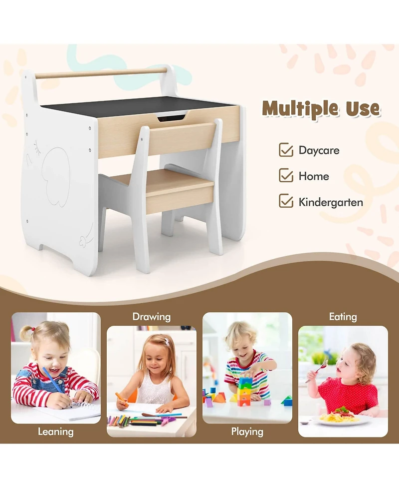 3 In 1 Kids Wood Table and Chair Set with Detachable Tabletop Hidden Storage Paper