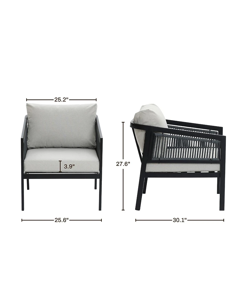 LuxenHome Outdoor Black Steel with Pe Rope Armchairs with Cushions, Set of 2