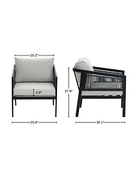 LuxenHome Outdoor Black Steel with Pe Rope Armchairs with Cushions, Set of 2