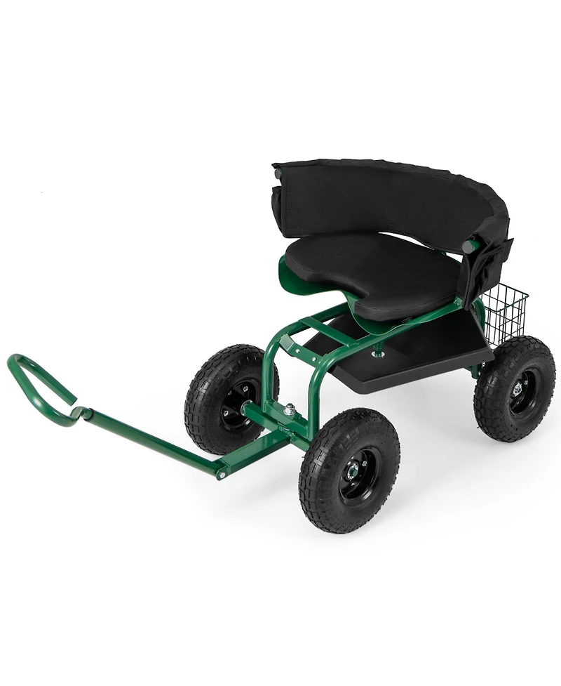 Cushioned Rolling Garden Cart Scooter with Storage Basket and Tool Pouch Comfortable Convenient Outdoor Helper