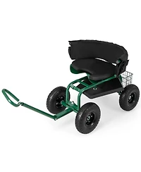 Cushioned Rolling Garden Cart Scooter with Storage Basket and Tool Pouch Comfortable Convenient Outdoor Helper
