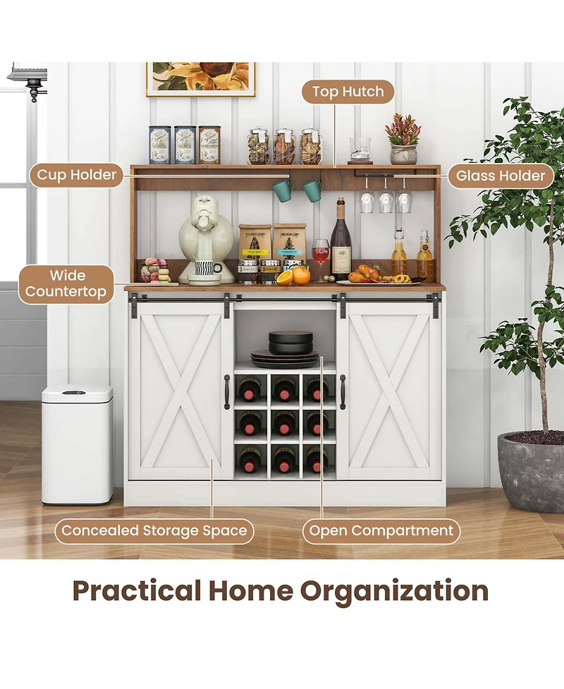 47.5" Farmhouse Coffee Bar Cabinet with Charging Station Glass Cup Holders Hutch