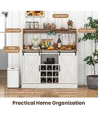 47.5" Farmhouse Coffee Bar Cabinet with Charging Station Glass Cup Holders Hutch