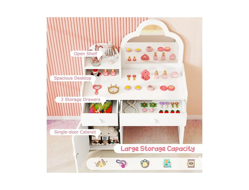 Kids Vanity Table with Cloud Mirror, Chair, and Open Shelf for Bedroom or Playroom