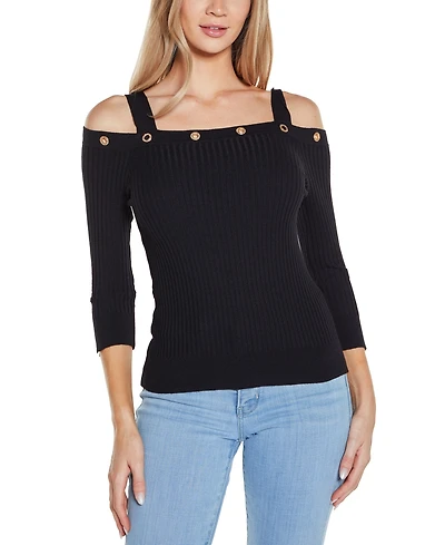 Belldini Women's Rhinestone Grommet Cold-Shoulder Sweater