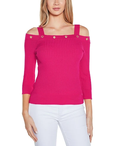Belldini Women's Rhinestone Grommet Cold-Shoulder Sweater